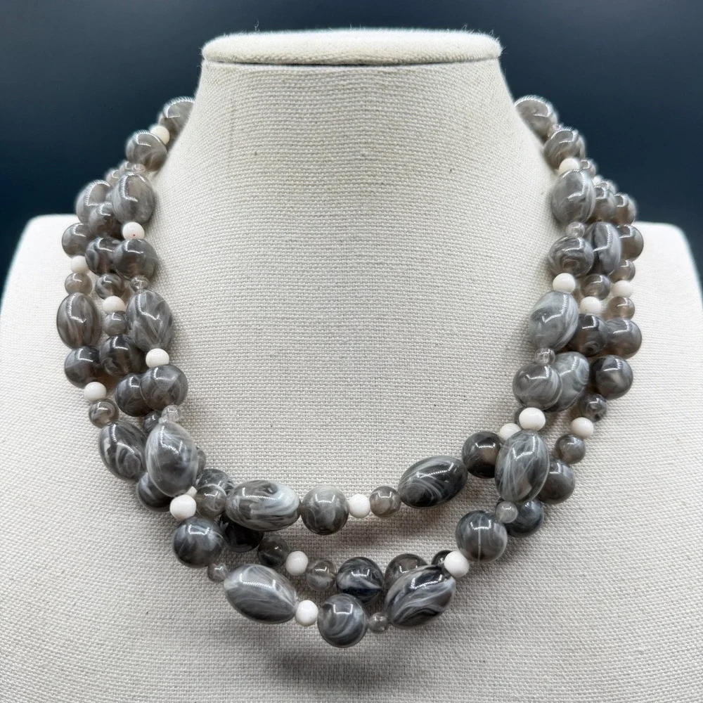 Gray Marbled Beaded Multi Strand Statement Necklace White Accent Beads Chunky
